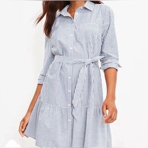 Loft Blue & White Striped Flounce Shirtdress Button Down Long Sleeve Size XL